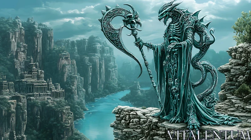 Fantasy Dragon Statue on Cliff AI Image