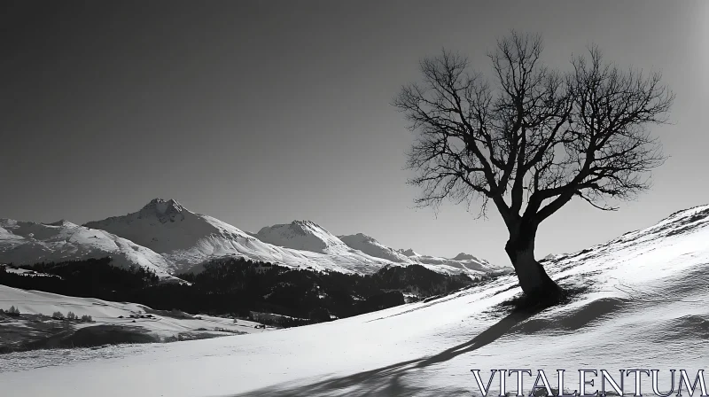 Monochrome Mountain Range with Bare Tree AI Image