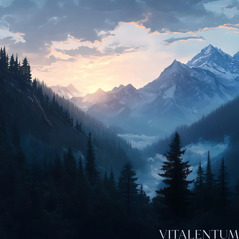 Misty Mountains and Forest Scenery AI Image