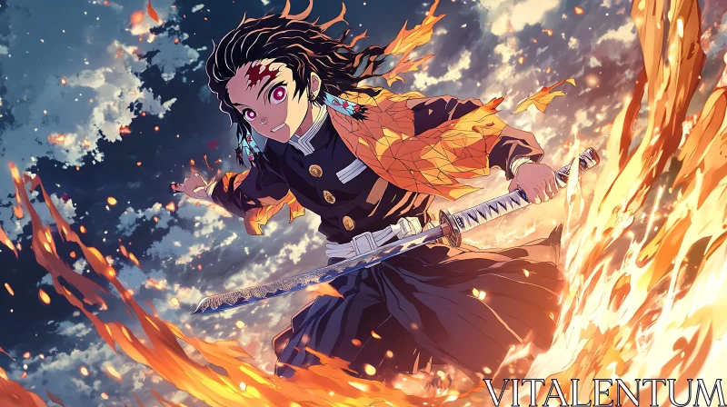 Intense Anime Sword Fight with Flames AI Image