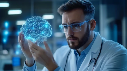 Man with Glowing Digital Brain in Lab