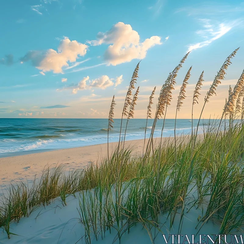 Coastal Beach with Grass and Ocean View AI Image