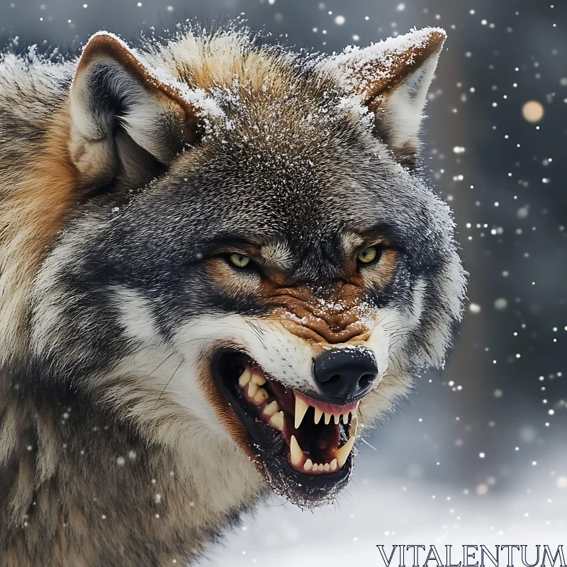 AI ART Snarling Wolf in Winter Wonderland