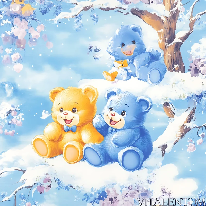 Playful Teddy Bears in Winter Scene AI Image