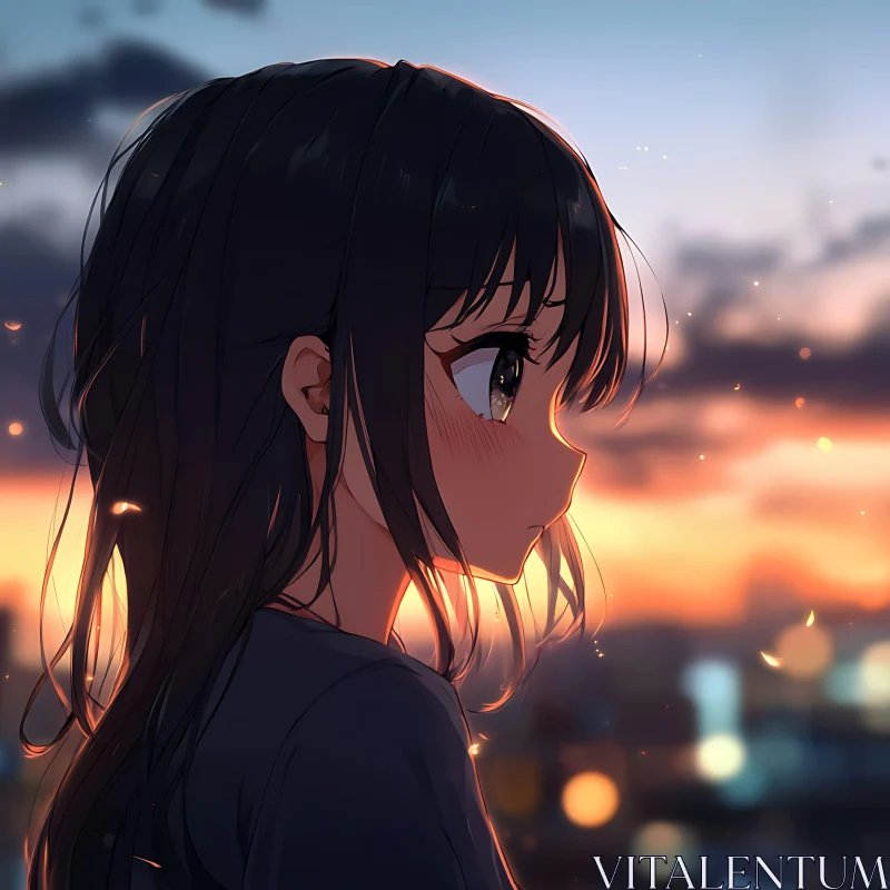 Gazing Girl in Anime Art at Sunset AI Image