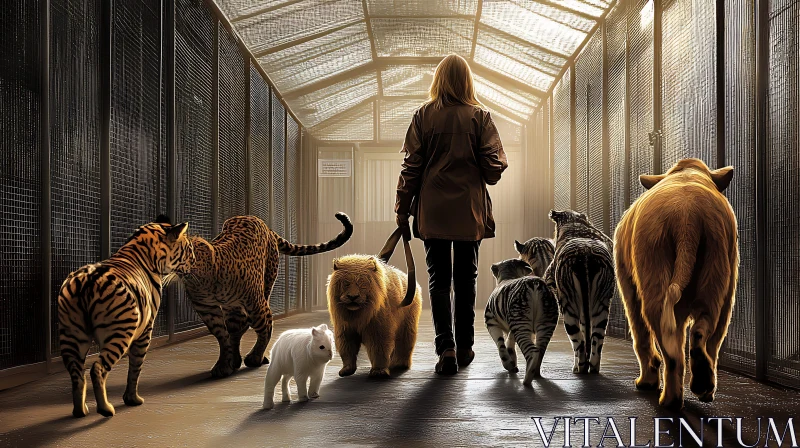 A Woman's Walk with Exotic Cats AI Image