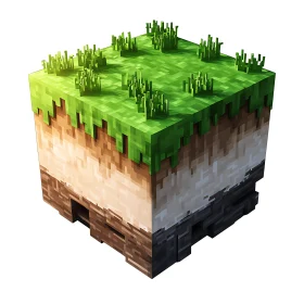 3D Pixelated Voxel Terrain Cube with Layers of Soil and Grass