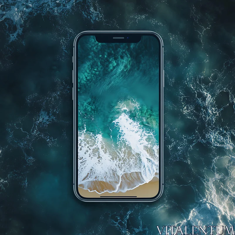 Ocean Waves Displayed on Mobile Phone AI Image