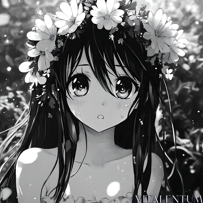 Black and White Anime Illustration of Girl with Flowers AI Image