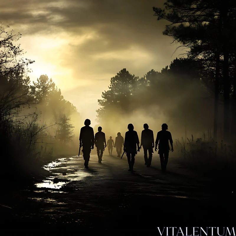 Figures in Mist: A Post-Apocalyptic Silhouette AI Image