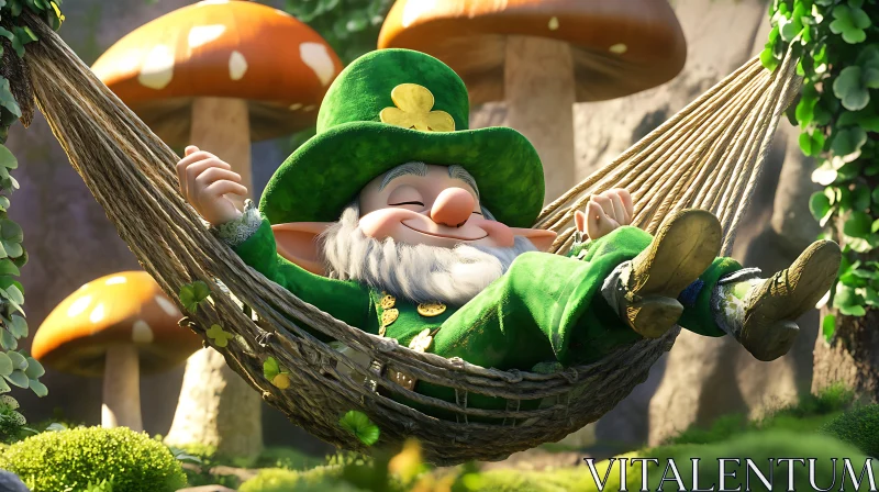 Resting Leprechaun in Mushroom Forest AI Image