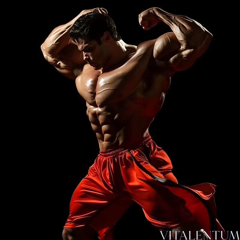 AI ART Muscular Man in Red Shorts Flexing