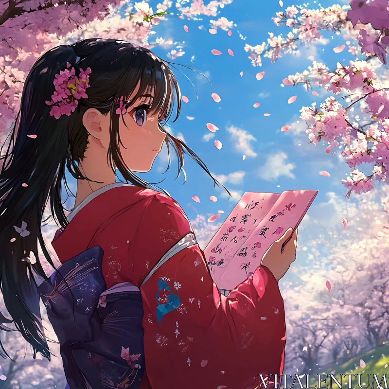 Traditional Kimono-clad Anime Girl Amid Cherry Blossoms AI Image