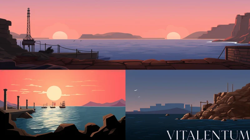 Captivating Sunset and Seaside Scenes - Illustration Pack AI Image
