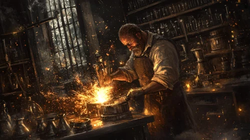 Metalworker Shaping Steel with Fiery Sparks