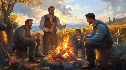 Men Celebrating with Wine in Vineyard