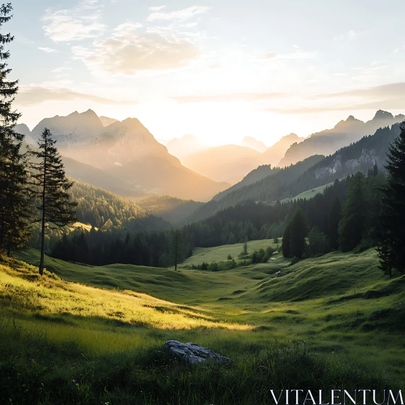 Golden Light Over Mountain Valley AI Image