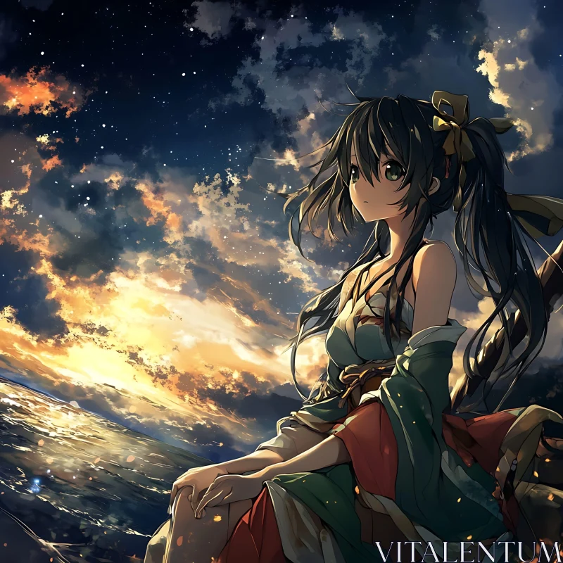 Starry Sky and Seaside Anime Portrait AI Image