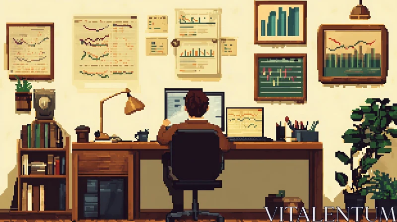 AI ART Pixelated Office Workplace with Financial Data