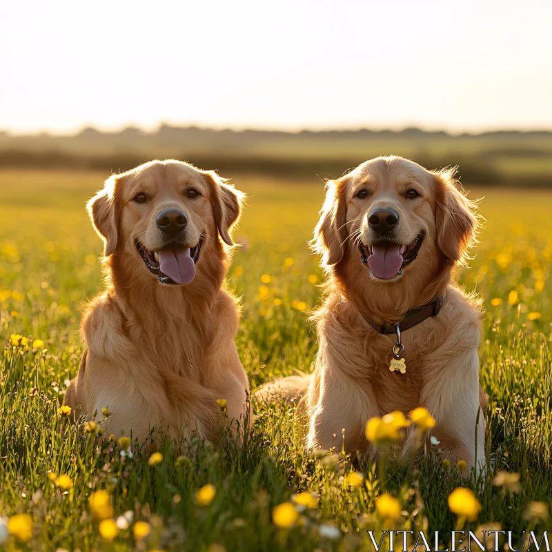 Happy Golden Retrievers in Blooming Field AI Image