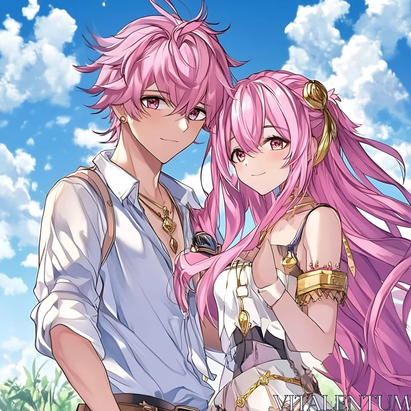 Pink-Haired Anime Couple Against Blue Skies AI Image