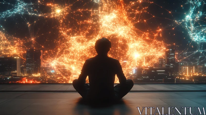 Man Meditating Before Futuristic Cityscape AI Image