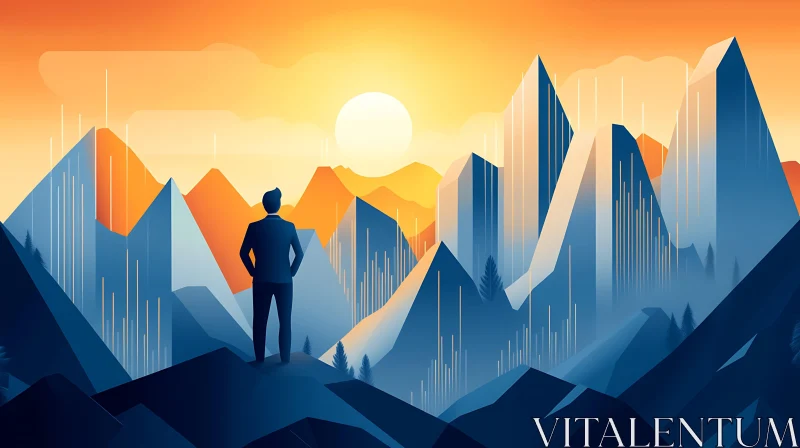 AI ART Abstract Mountain Sunset with Contemplative Figure