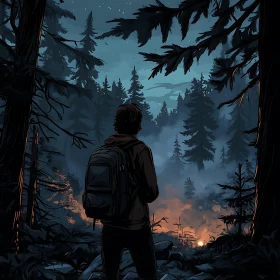 Backpacker Amidst Night Forest and Campfire