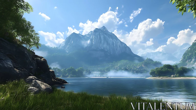 Peaceful Mountain Lake Landscape AI Image