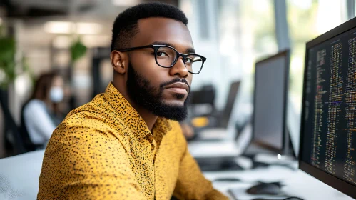 Man Coding in Bright Office Environment