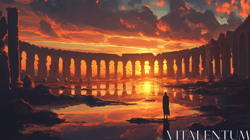 AI ART Sunset Silhouette at Ancient Site