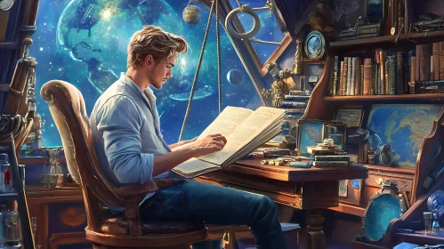 Man Reading Book With Universe Background