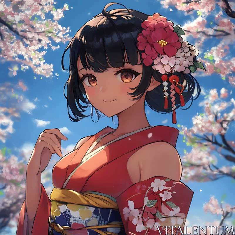 Anime Spring Scene with Kimono-Clad Girl AI Image