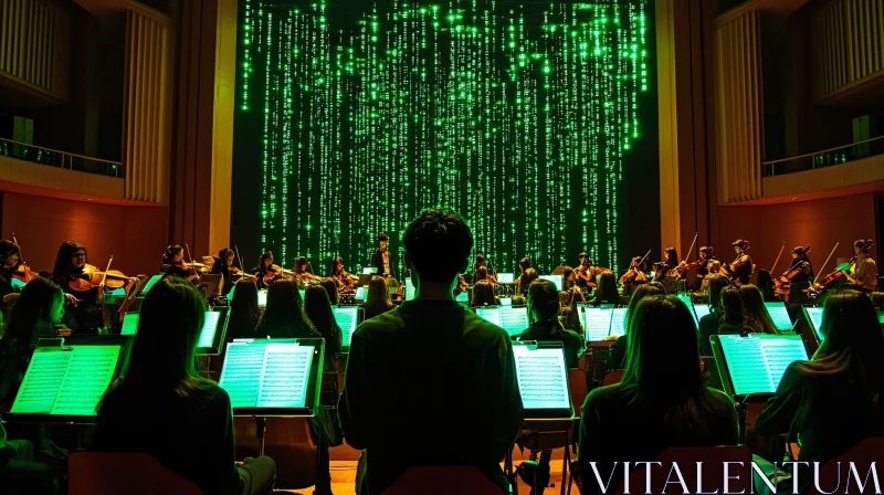 Green Symphony: Orchestra in Digital Light AI Image