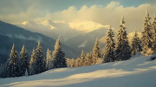 Snowy Mountain Range with Pine Forest