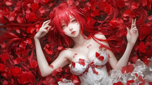 Anime Woman with Red Hair and Roses Fantasy Art