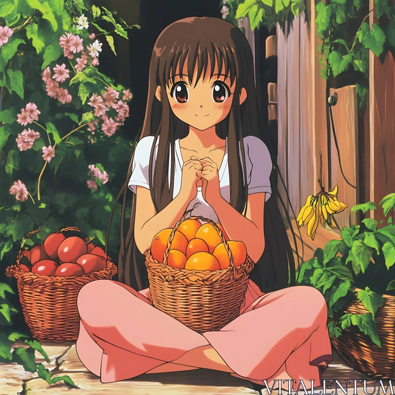 Charming Anime Girl with Fruits in a Garden AI Image