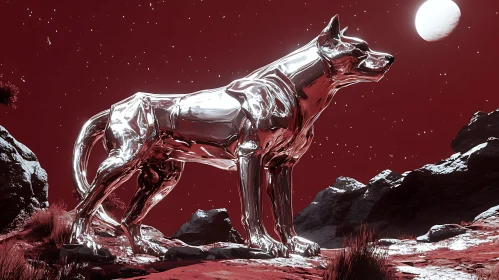 Moonlit Metallic Wolf in Rocky Landscape