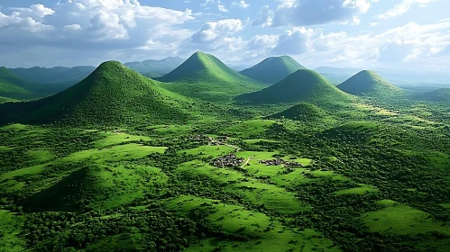 Scenic Green Hills and Village Panorama