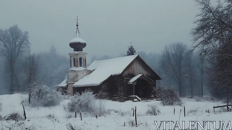 Mystical Winter Morning with Snow-covered Church AI Image