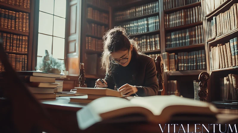 AI ART Woman Studying Amidst Books in Old Library