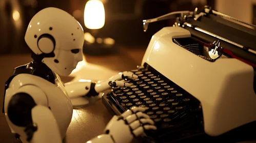 AI Robot Typing on Antique Machine