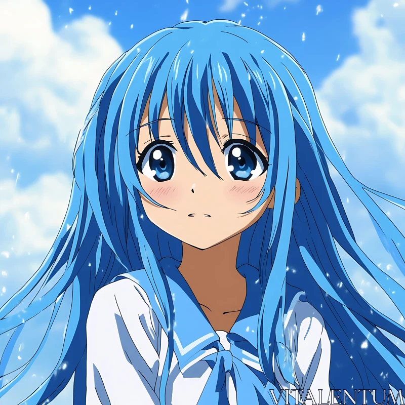 Blue-Haired Anime Girl with Sky Background AI Image