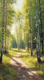 Sunlit Path through Birch Trees