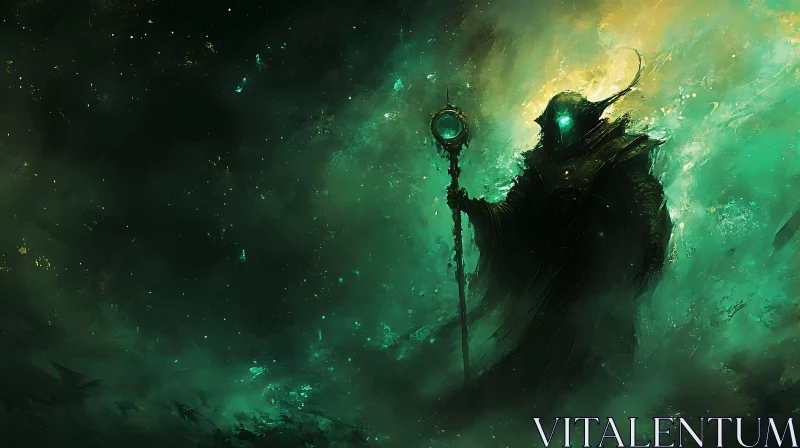 Mystic Figure with Staff in Green Haze AI Image