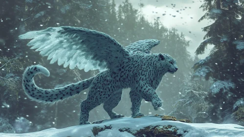 Mystical Feline with Wings in Snow