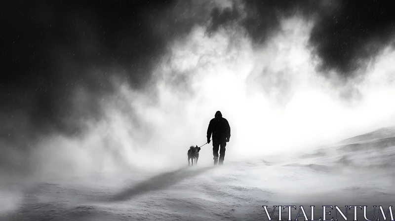 Solitary Journey in the Snow: Man and Dog AI Image