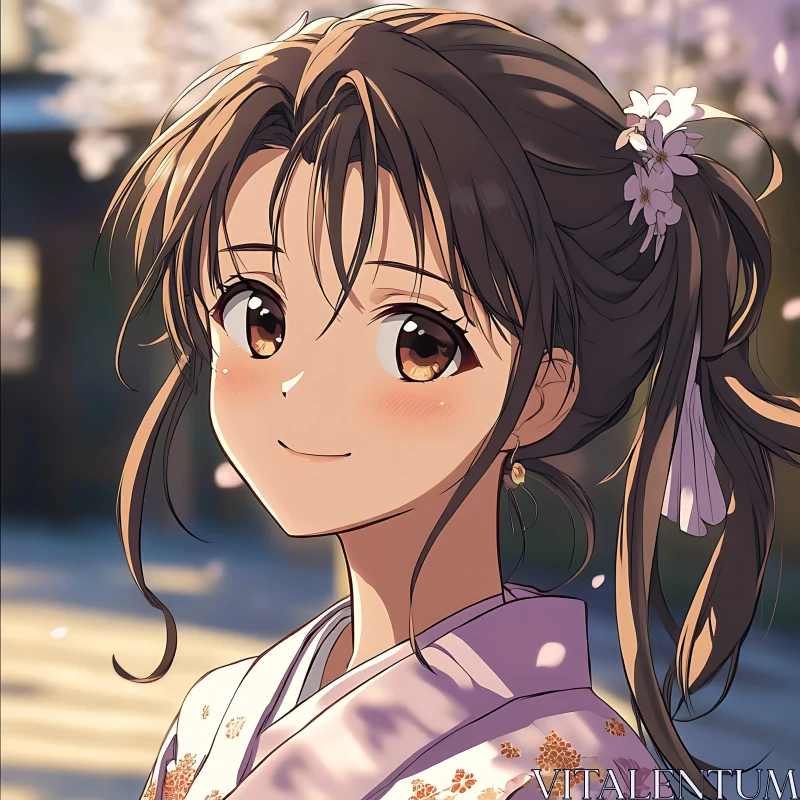 Anime Girl with Flowers and Cherry Blossoms AI Image