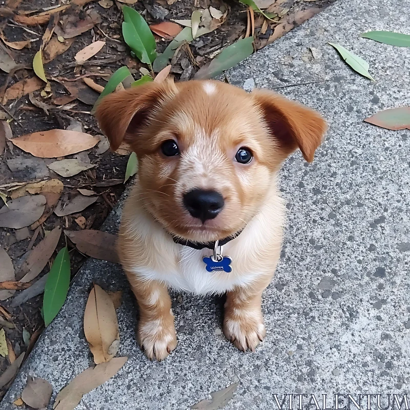 Cute Puppy with Name Tag Sitting Outdoors AI Image