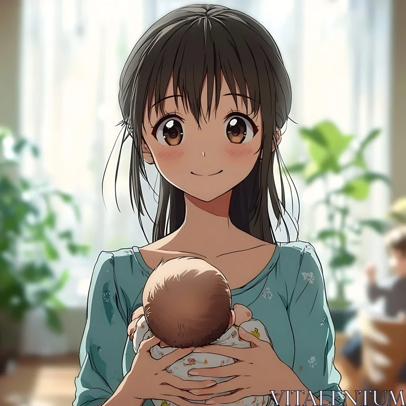 Tender Anime Art of Mother and Child AI Image